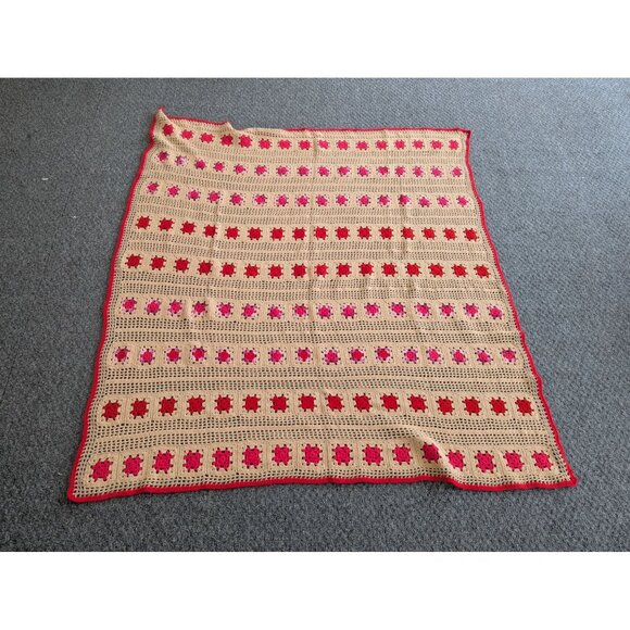 Hand Made Crochet Knit Afghan Throw Lap Blanket 64" x 60" Tan Pink Red - Picture 1 of 6